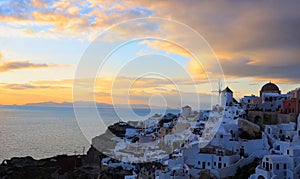 The famous view point with Sunset sky scene at Oia town on Santorini island, Greece