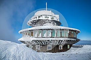 View of Polish Meteo Observatory hut on summit of Snezka or Sniezka mountain.