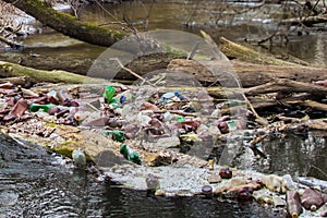 View of the polluted small forest river with a lot of different plastic garbage. Environment pollution problem