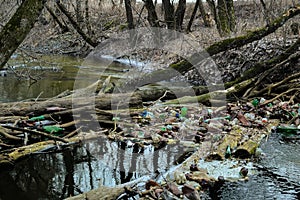 View of the polluted small forest river with a lot of different plastic garbage. Environment pollution problem