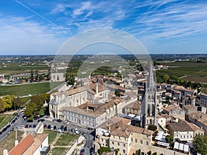 View on Pomerol village, production of red Bordeaux wine, Merlot or Cabernet Sauvignon red wine grapes on cru class vineyards in