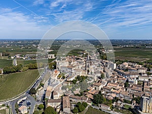 View on Pomerol village, production of red Bordeaux wine, Merlot or Cabernet Sauvignon red wine grapes on cru class vineyards in