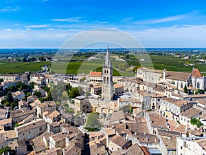 View on Pomerol village, production of red Bordeaux wine, Merlot or Cabernet Sauvignon red wine grapes on cru class vineyards in