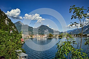 view from Ponale to Riva del Garda, garda lake with Monte Brione, beach and shore, Italy