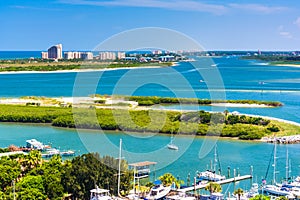 View of Ponce Inlet and New Smyrna Beach from Ponce de Leon Inlet Lighthouse, Florida. photo