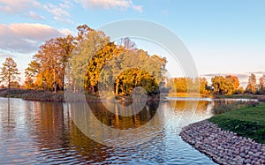 The view of pond in Lugovoy Meadow Park in Peterhof