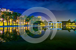 view of a pond situated in front of the palau de la musica de valencia during night...IMAGE photo