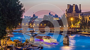 View on Pont des Arts in Paris after sunset day to night timelapse, France