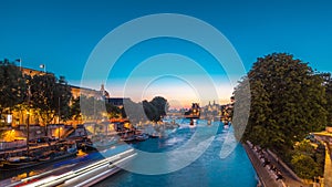 View on Pont des Arts in Paris after sunset day to night timelapse, France