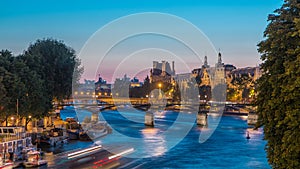 View on Pont des Arts in Paris after sunset day to night timelapse, France