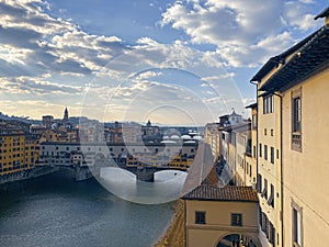 View from the Ponte Vecchio over the Arno river, in the Florence, Italy.