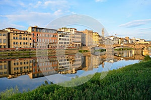 View of Ponte Vecchio at sunset, Florence, Italy