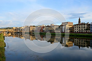 View of Ponte Vecchio at sunset, Florence, Italy