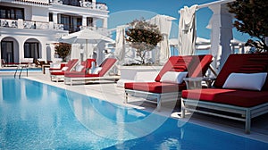 View of the pool and red sun loungers of the hotel, in the early morning. Geometric reflections of sun loungers in the