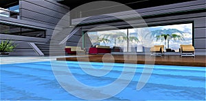 View from the pool with steps translucent under the blue clear water to a wonderful patio with deck chairs in the courtyard of a