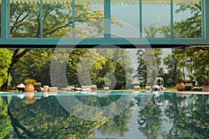 The view from the pool to the giant hotel park of Castello del S photo