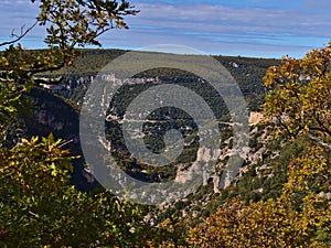 View of popular canyon Gorges de la Nesque in the Vaucluse Mountains in Provence region, France on sunny day in autumn.