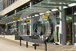 View of popular restaurant `Subway` inside of Vancouver Convention Centre West during the sunny day