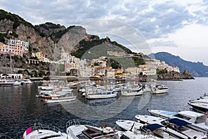 View of the port of Amalfi at sunset