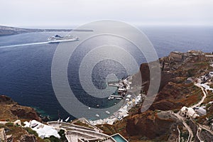 View of Port of Ammoudi, just before sunset, Santorini, Greece,  from above