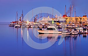 View of port area and bay in Heraklion, capital of Crete island, Greece