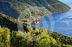 View of the port of Dafni from a height. Athos, Greece.