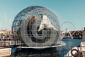View of the port of Genoa dominated by the biosphere green house designed by Renzo Piano photo