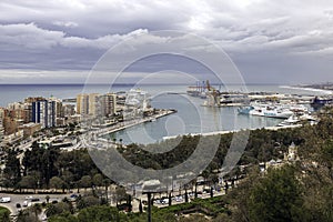 View of the port of Malaga, an important import and transit port of Spain.