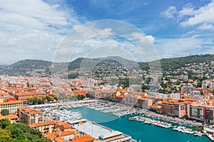 View of the port of Nice, France, with boats and houses