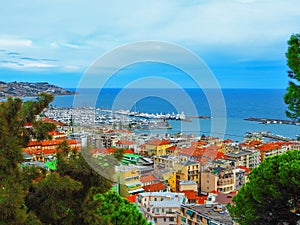 View port of San Remo San Remo and of the city on Azure Italian Riviera, province of Imperia, Western Liguria, Italy