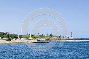 View of the port of Santo Domingo Dominican Republic from Juan Baron square, with beautiful sunny day and blue waters