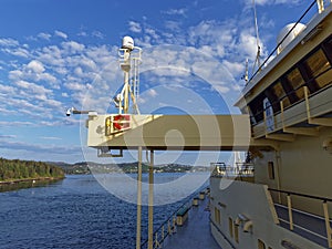 A View of the Port Side Bridge wing of the Ramform Vanguard as it transits up Bergen Fjord
