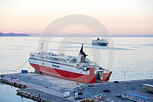 View of port terminal dock and car ferries in Rafina, Attiki, Gr