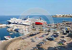 View of port terminal dock and car ferries in Rafina, Attiki, Greece