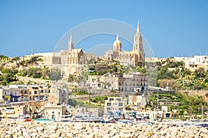 View of port village town Mgarr on Gozo island, Malta