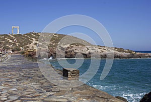 View of Portara marble gate from Chora district in Naxos, Greece