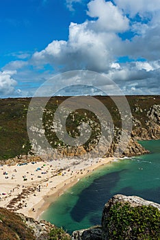 View of the Porthcurno Beach nad Logan Rock, Lands End, Cornwall, England
