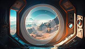 View from the porthole on the mountains in the space station