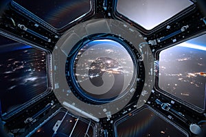 View from a porthole of space station on the Earth background.