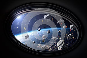 View from porthole of a spaceship to Earth planet and asteroids