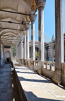 The view of portico roofed colonnaded terrace of The Tiled Kiosk. Istanbul