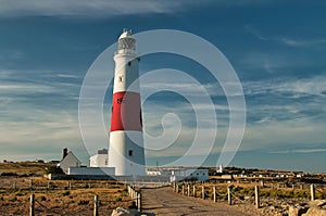 View of the Portland Bill Lighthouse on the Isle of Portland, Dorset, England