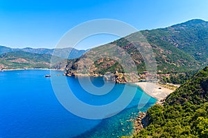 A view of Porto beach and town, Corsica island, France