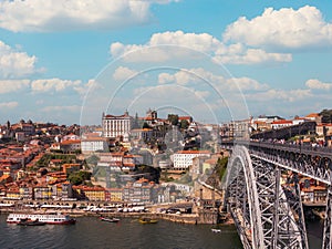view of Porto from the bridge. view of the douro river and the touristic part of porto, portugal