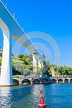 View of  Porto in Portugal, Douro River, St John`s Bridge Ponte de Sao Joao