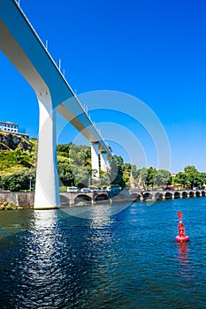 View of  Porto in Portugal, Douro River, St John`s Bridge Ponte de Sao Joao