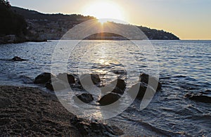 View of Porto Santo Stefano, Tuscany, Italy at sunset