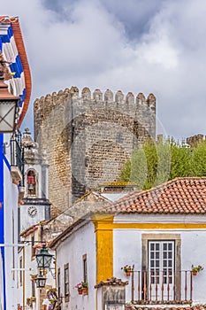 View of a Portuguese vernacular buildings on medieval village inside the fortress and Luso Roman castle of Ã“bidos