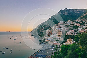 View of Positano at sunset, along the Amalfi Coast, Italy