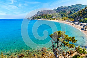 A view of Potami beach with azure sea water, Samos island, Greece